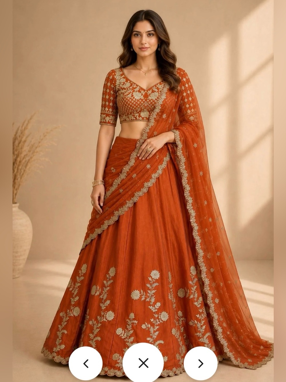 Embroidered Rust A-Line Lehenga Skirt with Matching Dupatta